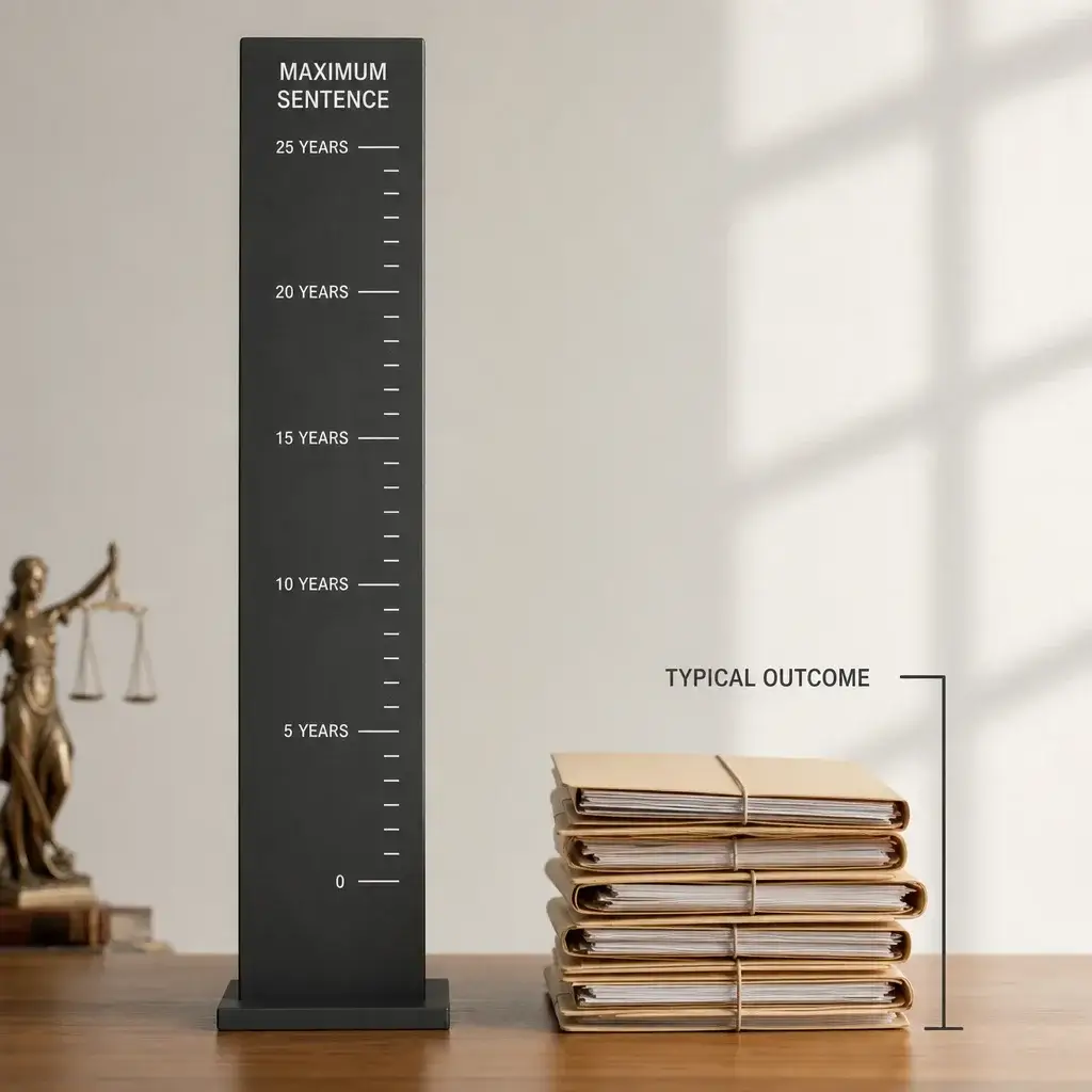 Assault Charges Sentence in Canada: Jail Time, Fines & Aggravated Assault 10 A sentencing scale image contrasting maximum penalties with typical lower outcomes.