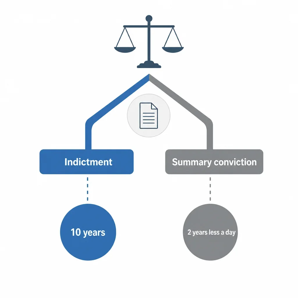 Assault With a Weapon Charge in Canada: Penalties, Defences & Jail Time 6 A simple chart comparing the maximum penalties for indictment and summary conviction.