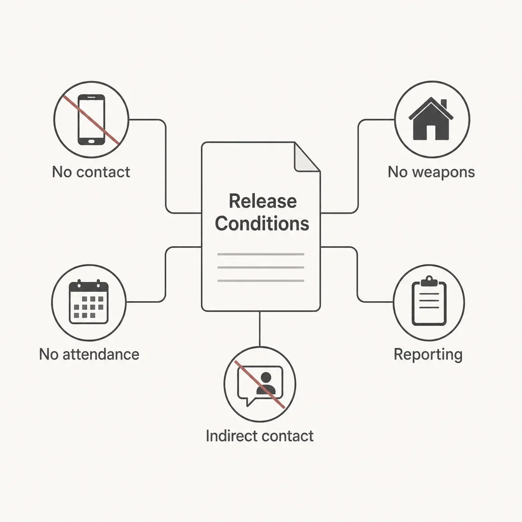Domestic Assault False Allegations in Ontario: What to Do Now 4 Minimal diagram of common release conditions and breach risks.