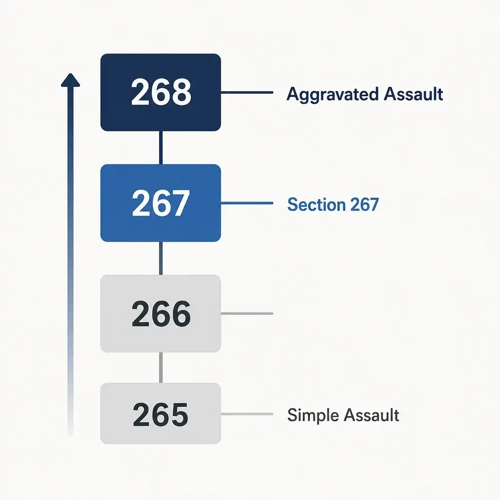 Section 267 in Canada: Assault With a Weapon & Causing Bodily Harm 2 Minimal hierarchy diagram showing how section 267 fits between sections 266 and 268.