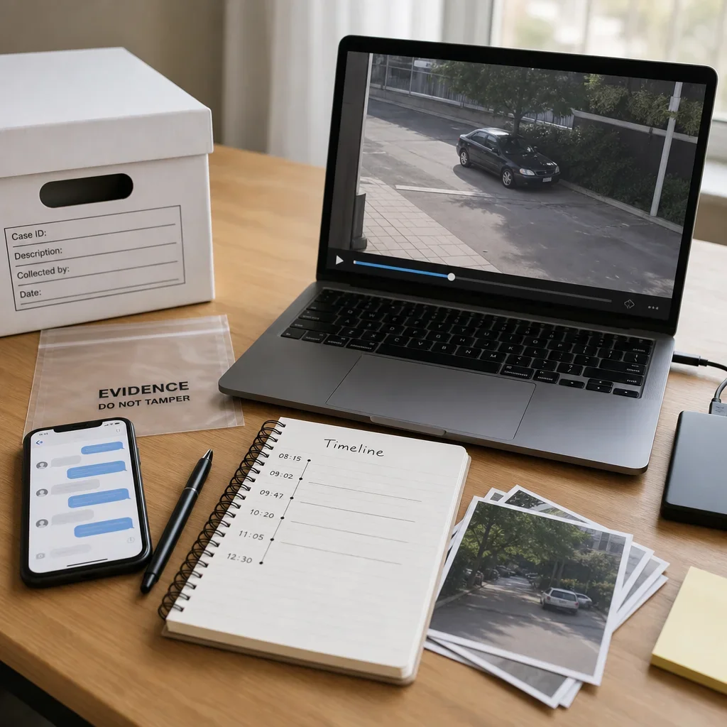 Common Assault Defence in Canada: Self-Defence, Evidence, Penalties 3 Evidence items laid out for a self-defence case review.