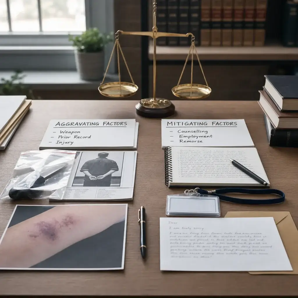 Assault Charges Sentence in Canada: Jail Time, Fines & Aggravated Assault 11 A balanced desk scene symbolizing aggravating and mitigating sentencing factors.