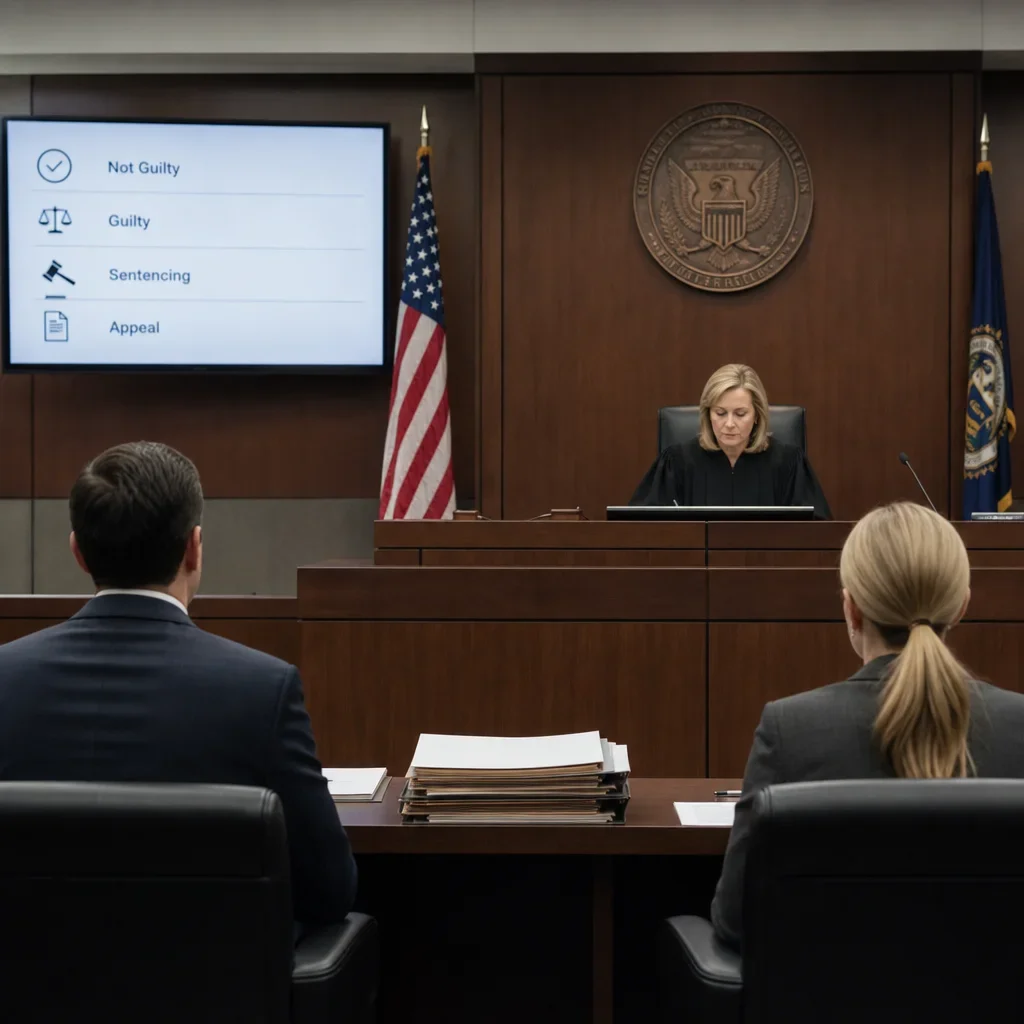 Assault Trial Process in Canada: From Charge to Verdict 10 A courtroom scene showing verdict and sentencing after trial.