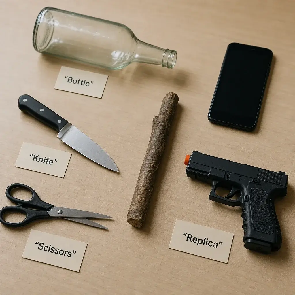 Section 267 in Canada: Assault With a Weapon & Causing Bodily Harm 3 Close-up of household objects and a replica gun that can count as weapons in context.