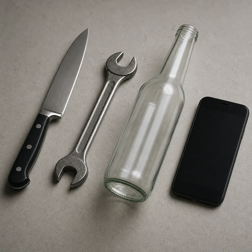 Assault With a Weapon Charge in Canada: Penalties, Defences & Jail Time 3 Everyday objects staged as evidence to illustrate what can count as a weapon.