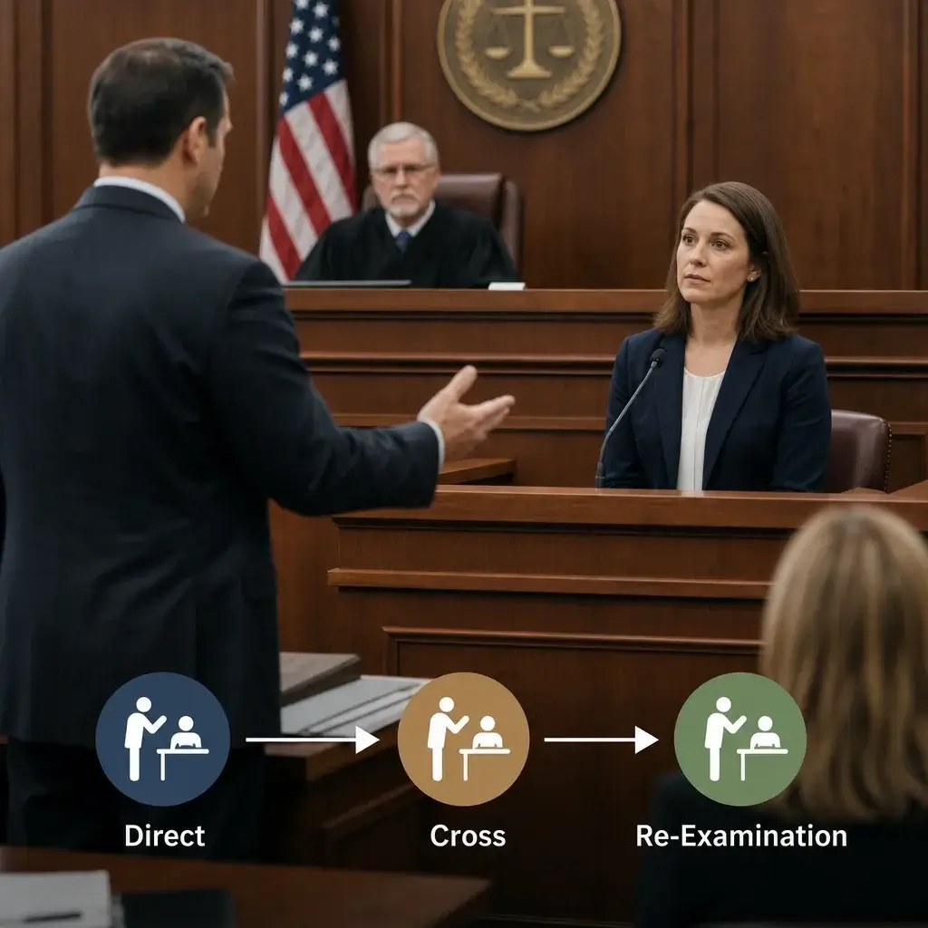 Assault Trial Process in Canada: From Charge to Verdict 7 A witness being examined in court, showing direct and cross-examination.