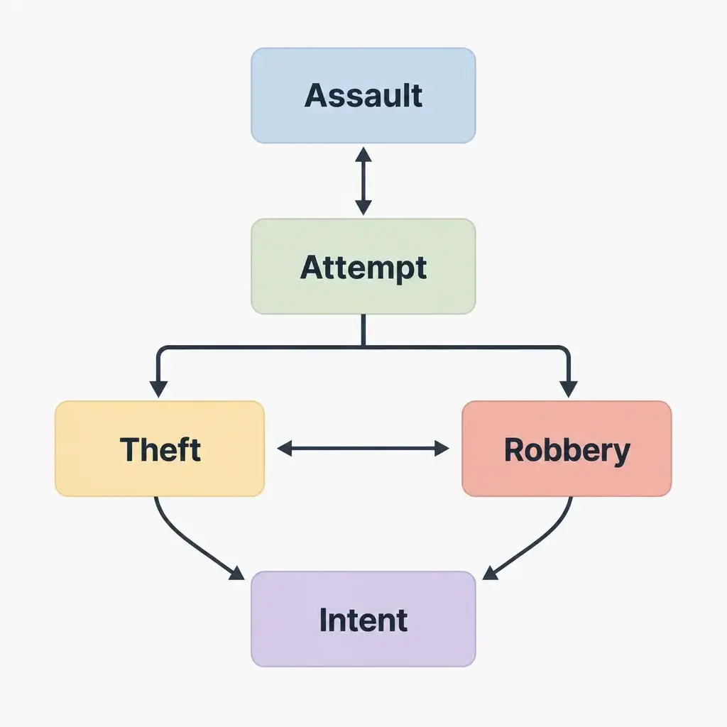 Assault With Intent to Rob Sentencing Guidelines in Canada 4 A clean flowchart comparing assault, theft, attempted robbery, and robbery.