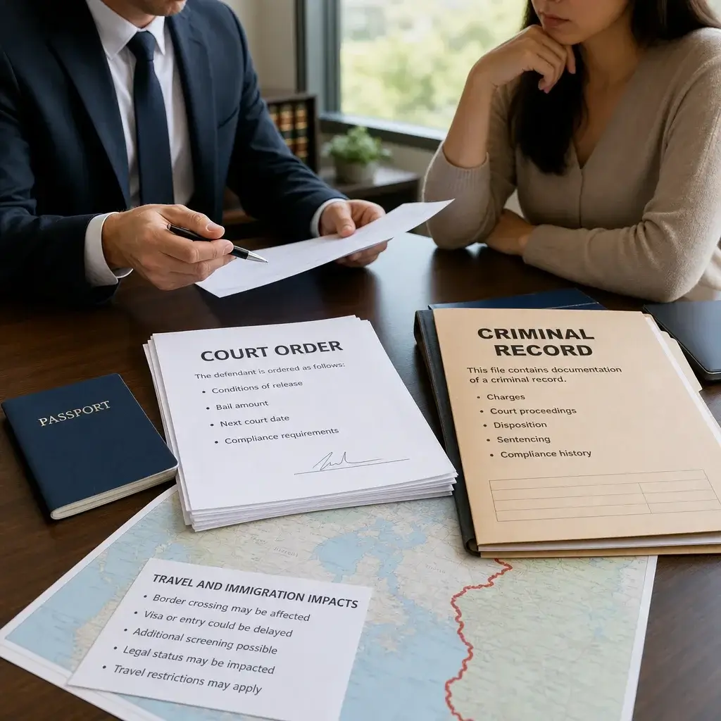 Assault With Intent to Rob Sentencing Guidelines in Canada 7 A desk scene showing criminal record, travel, and immigration consequences.