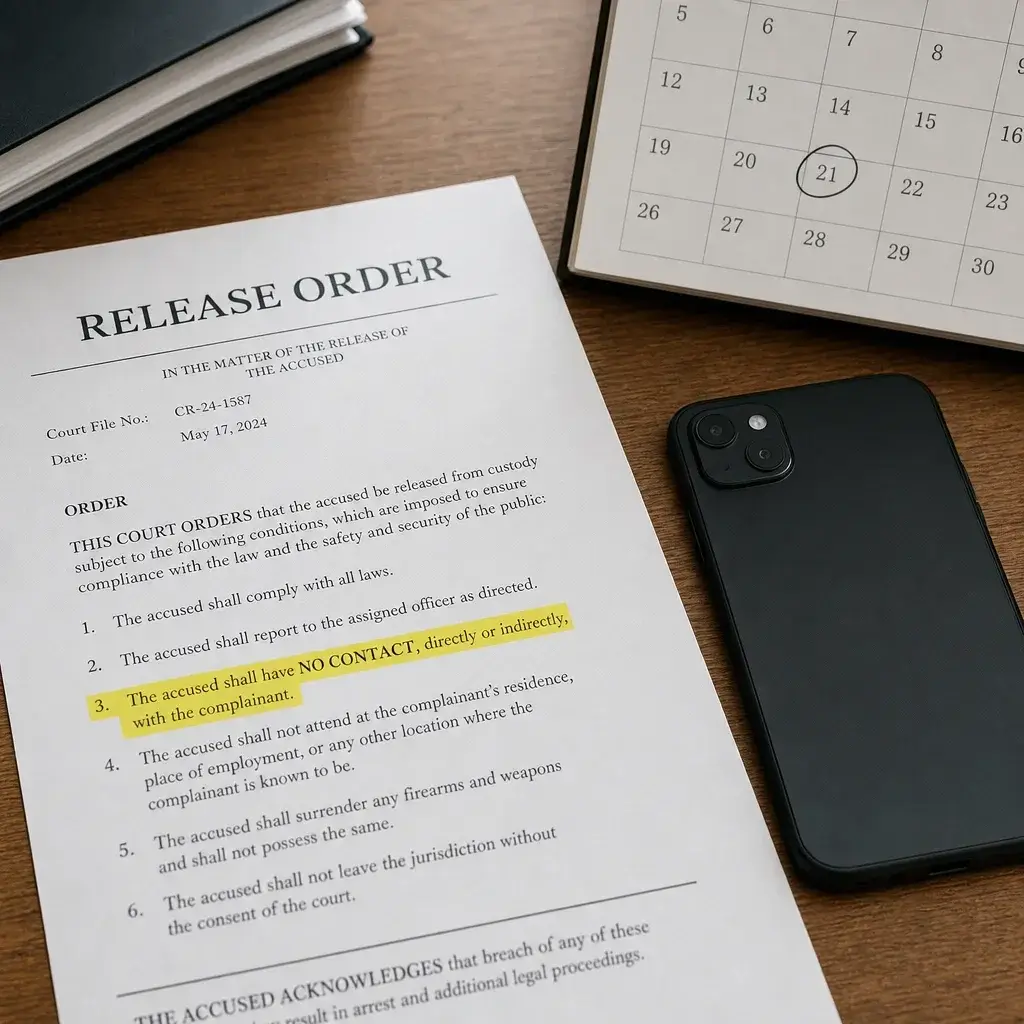 Can You Go to Jail for Assault in Canada? Jail Time by Charge 5 Court release papers and a phone illustrating bail conditions and no-contact orders.