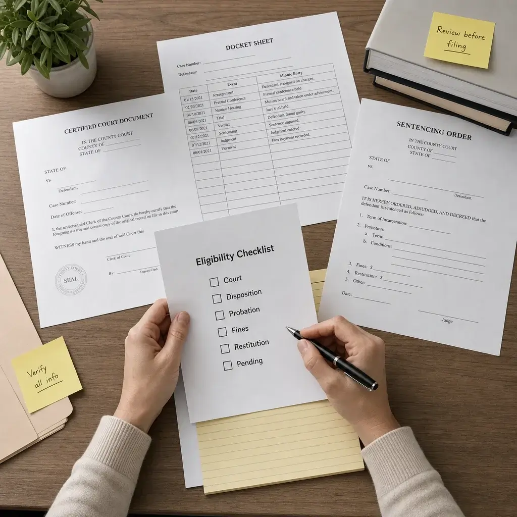 Can Assault and Battery Charges Be Expunged? Eligibility, Sealing, and Next Steps 3 A person reviewing court documents and an eligibility checklist before filing.