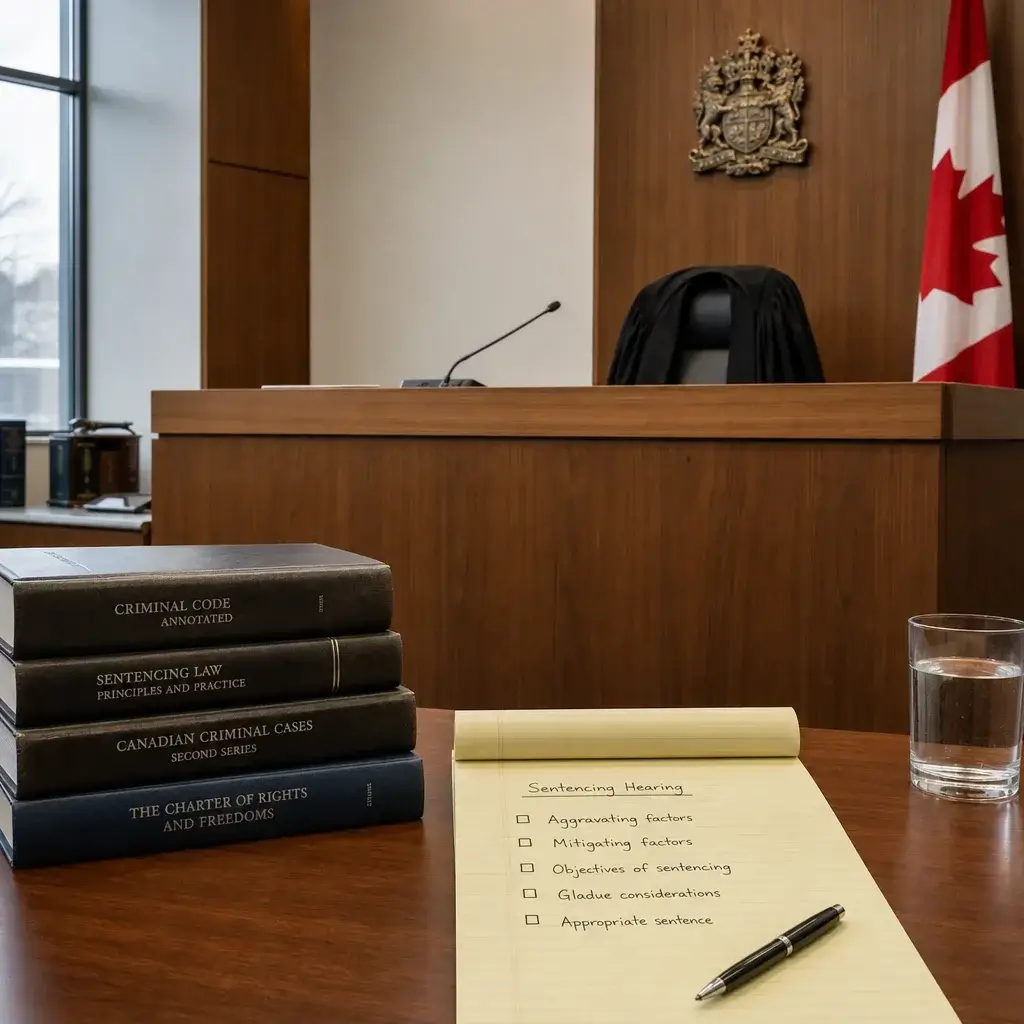 Assault With Intent to Rob Sentencing Guidelines in Canada 1 A courtroom sentencing setup with legal books and a checklist at counsel table.