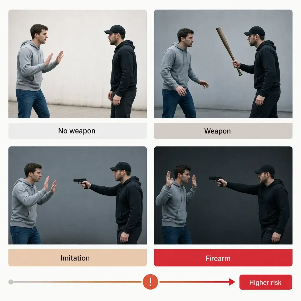 Assault With Intent to Rob Sentencing Guidelines in Canada 6 A minimal four-panel chart comparing weapon scenarios and risk.