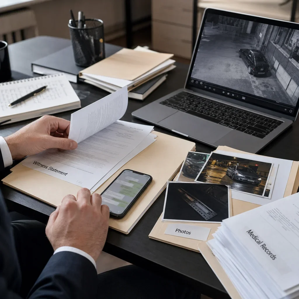 Assault, Bodily Harm & Aggravated Assault in Canada: Charges, Proof & Sentences 4 A desk covered with the kinds of evidence used in assault cases, including statements, photos, and medical records.