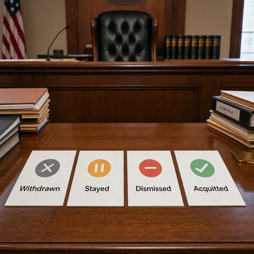 Are Assault Charges Public Record in Canada? How to Check Court Records 10 Court outcome cards showing withdrawn, stayed, dismissed, and acquitted case results.