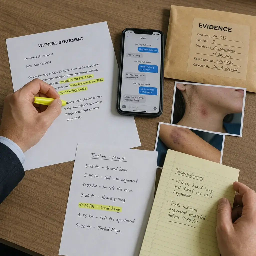 Can the Victim Drop Assault Charges in Canada? What Actually Happens 1 A lawyer reviewing witness statements, texts, photos, and notes as assault evidence.