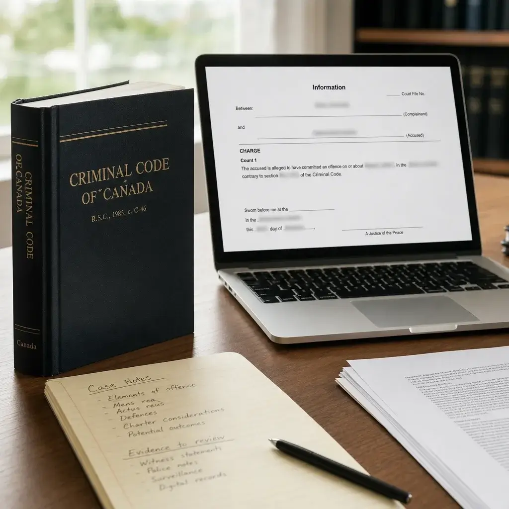 Can the Victim Drop Assault Charges in Canada? What Actually Happens 4 A legal desk scene showing Canadian criminal law references and charge documents.