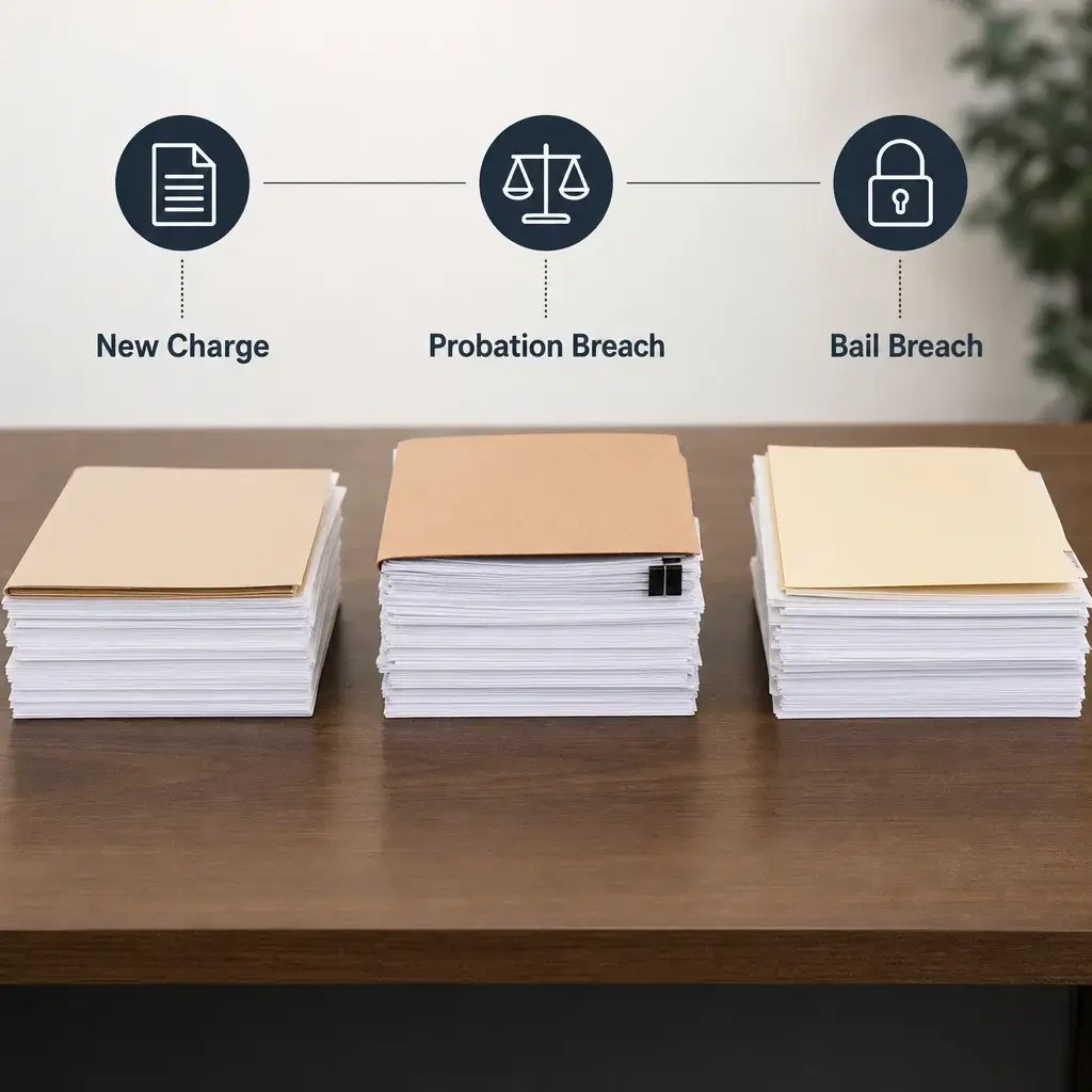 Can a Domestic Assault Allegation Violate Probation in Canada? 1 Three separate legal file stacks representing different kinds of charges and breaches.