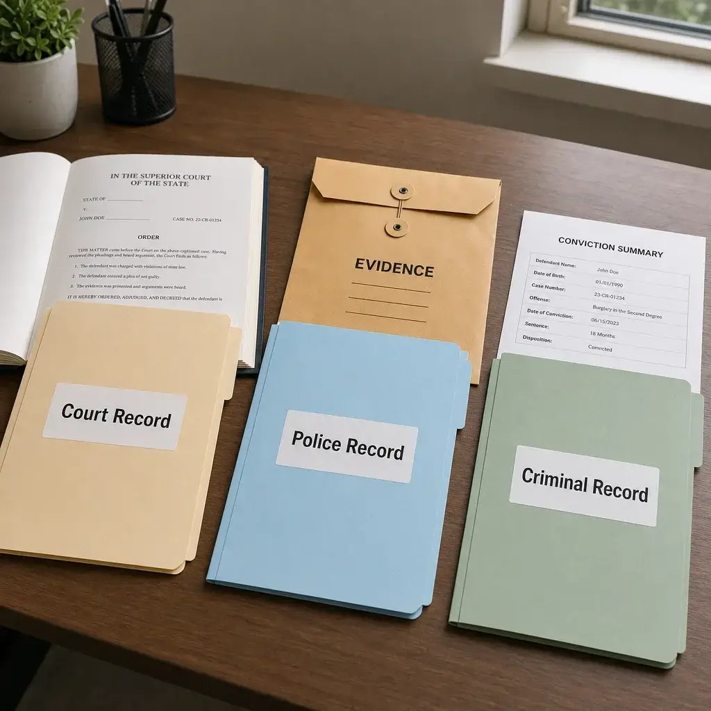 Are Assault Charges Public Record in Canada? How to Check Court Records 1 Three labeled folders illustrating court, police, and criminal records as different types of information.