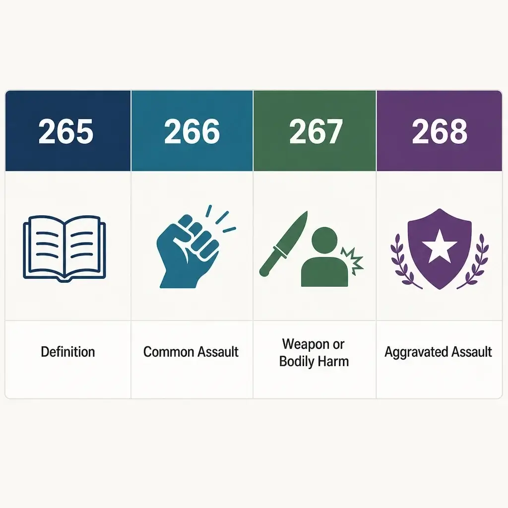 Assault, Bodily Harm & Aggravated Assault in Canada: Charges, Proof & Sentences 1 A minimal comparison table showing Canadian Criminal Code sections 265, 266, 267, and 268.