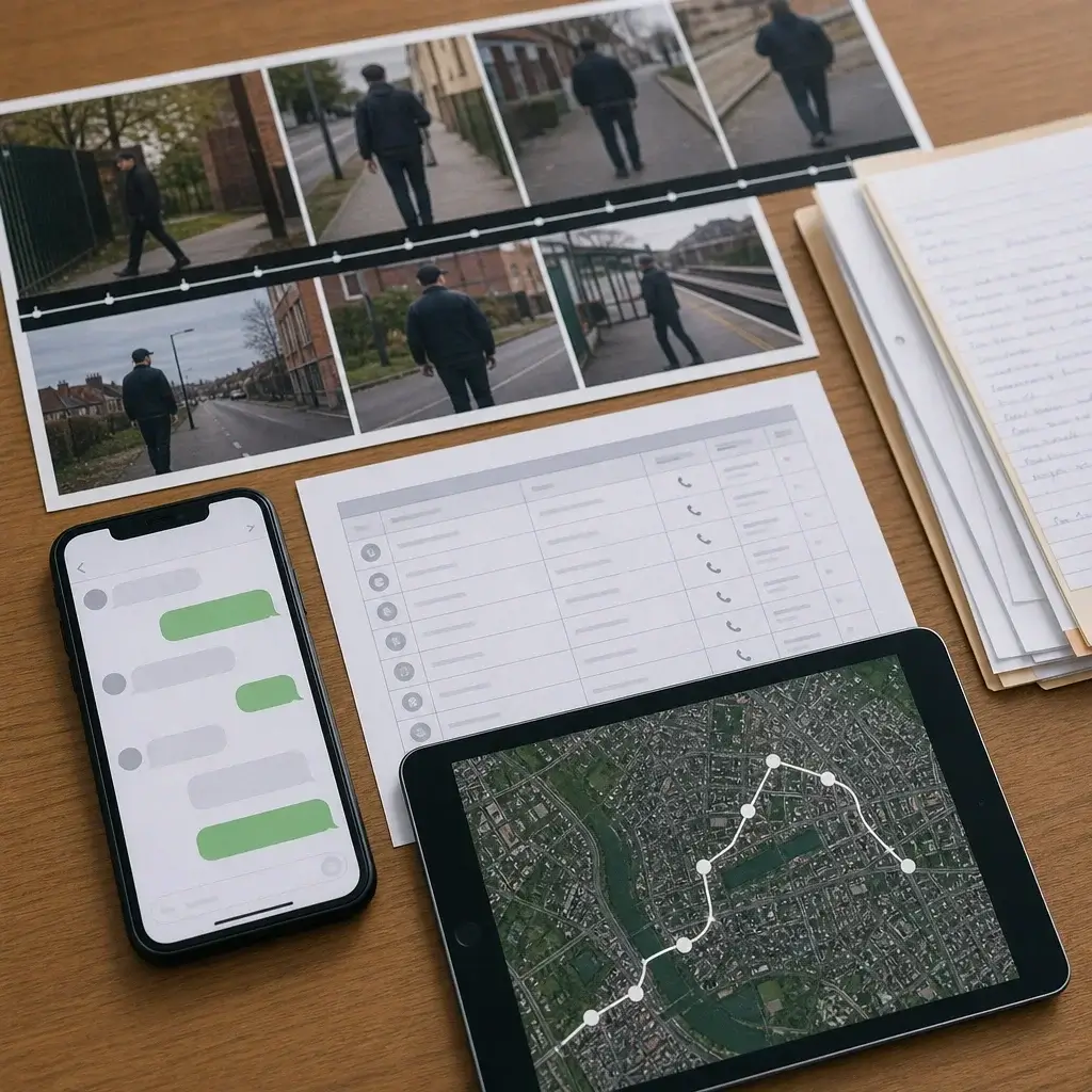 Can a Domestic Assault Allegation Violate Probation in Canada? 3 Evidence items such as texts, call logs, and location records laid out on a desk.