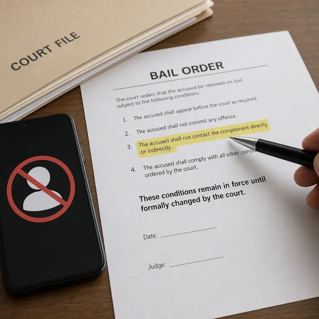 Can the Victim Drop Assault Charges in Canada? What Actually Happens 3 A bail order and crossed-out phone symbol showing a no-contact condition.
