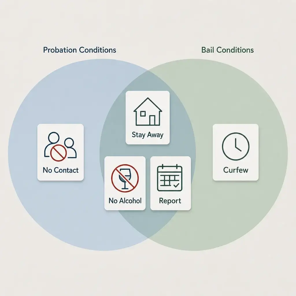 Can a Domestic Assault Allegation Violate Probation in Canada? 5 A diagram showing overlapping probation and bail conditions like no contact, curfew, and no alcohol.