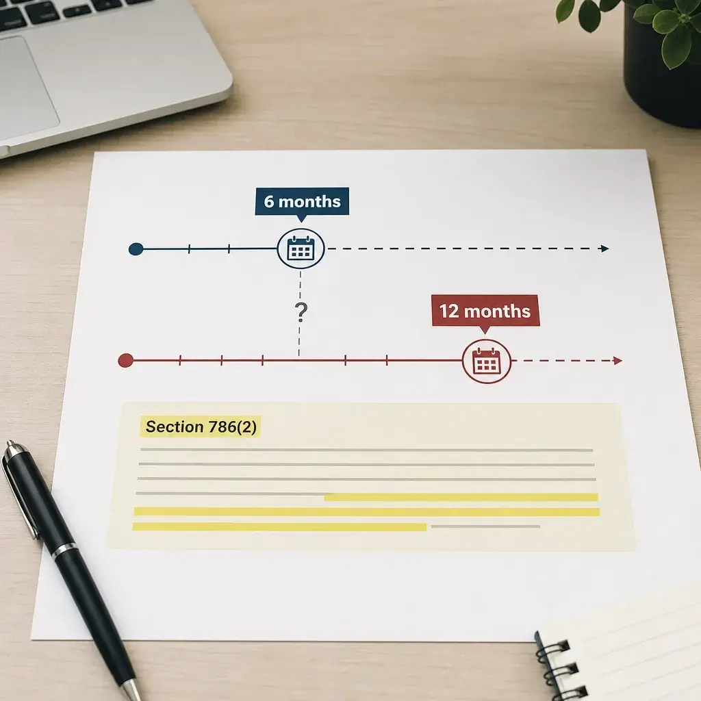 Statute of Limitations for Assault in Canada: Time Limits, Criminal Code 266 & Ontario 1 A minimalist timeline comparing 6 months and 12 months deadline interpretations.