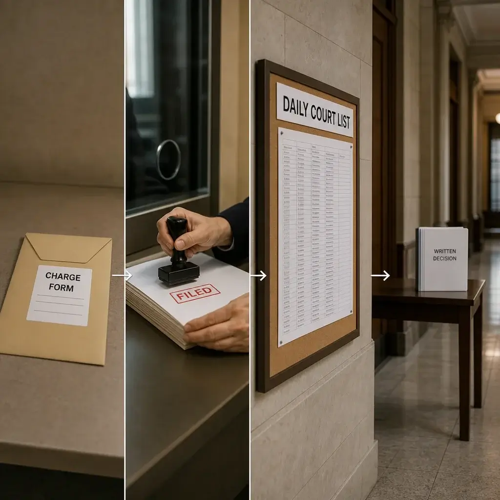 Are Assault Charges Public Record in Canada? How to Check Court Records 2 A courthouse timeline showing a charge moving into the public court system.