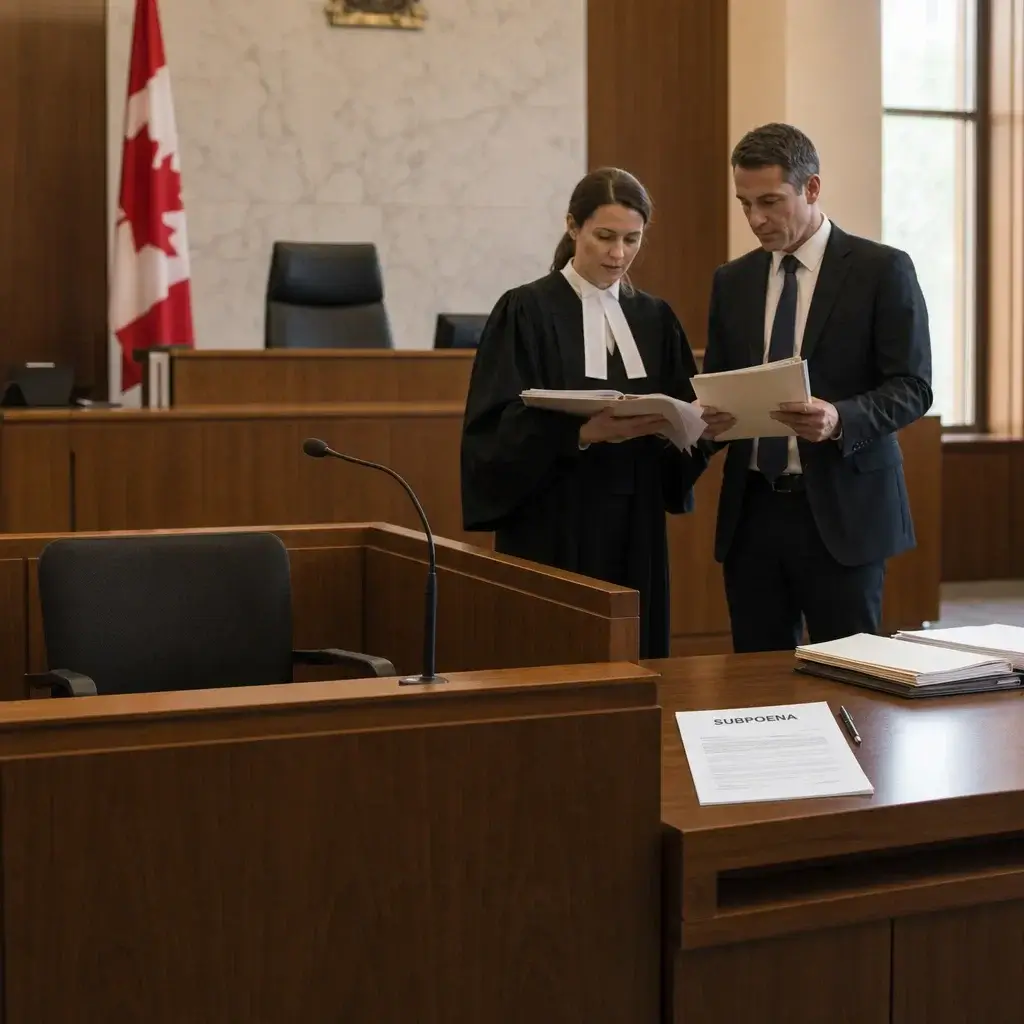 Can the Victim Drop Assault Charges in Canada? What Actually Happens 2 An empty witness stand in a courtroom with lawyers reviewing the case.